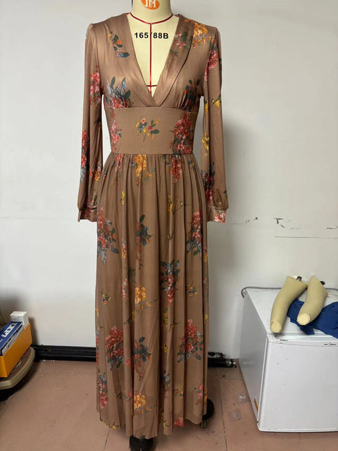 Long Sleeve Digital Printed V-Neck Long Dress, Dress m301981