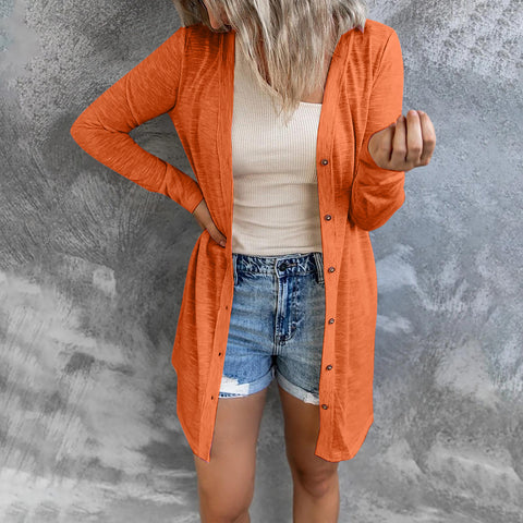 Long button solid color casual long sleeved cardigan women's m300020