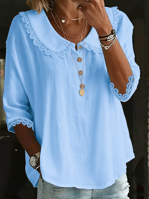 Women's casual loose fashion lapel lace solid color button-down shirt m302339