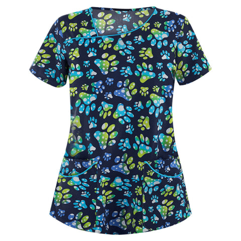 Printed V-neck short-sleeved pocket T-shirt women's top m301596