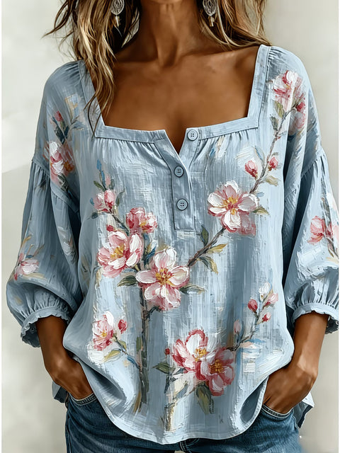 Women's square collar button-down shoulder seven-quarter sleeve medium sleeve T-shirt trend m302838