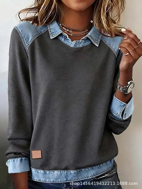 Denim collar long sleeves pullover spliced knitted sweater top m302161