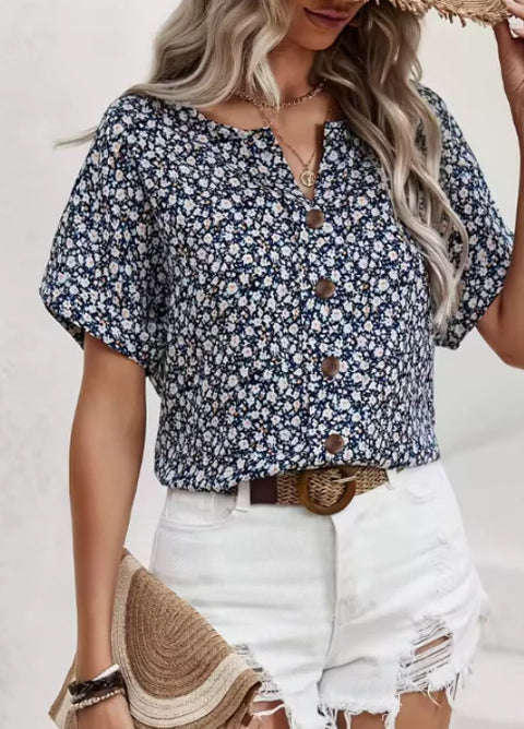 Plant Jacquard V-Neck T-Shirt Short Sleeve Women's Casual m302704