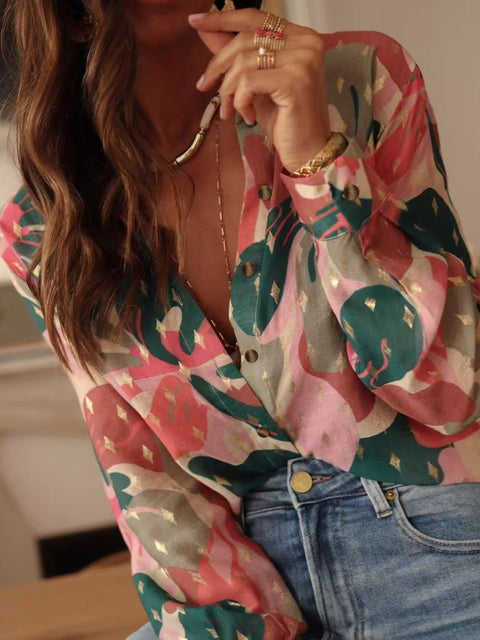 Casual summer new long-sleeved printed lapel shirt casual vacation women's shirt m301605