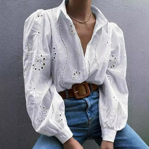 New single-breasted solid color embroidery loophole long-sleeved lapel shirt women's upper m301024