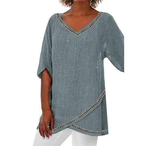 Women's printed animal natural scenery V-neck nine-quarter sleeve loose T-shirt m301289