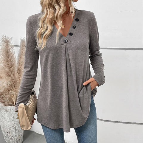Autumn casual top medium and long v-neck solid color long-sleeved t-shirt women's m300796