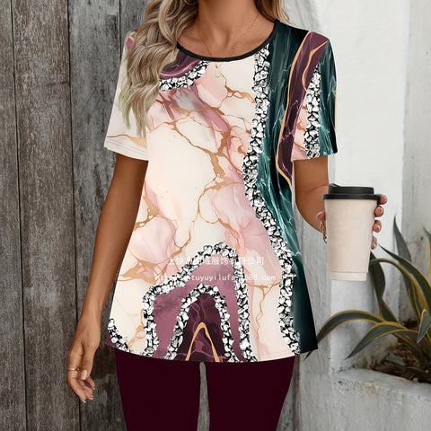 Women's Fashion Marble Print Crew Neck Short Sleeve T-Shirt & Leggings Set m302817