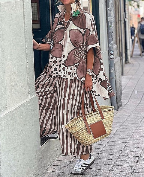 Women's lapel loose geometric printing casual suit m301238