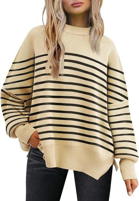 Crew neck bat wing long-sleeved sweater autumn knitted side slit jumper m301590