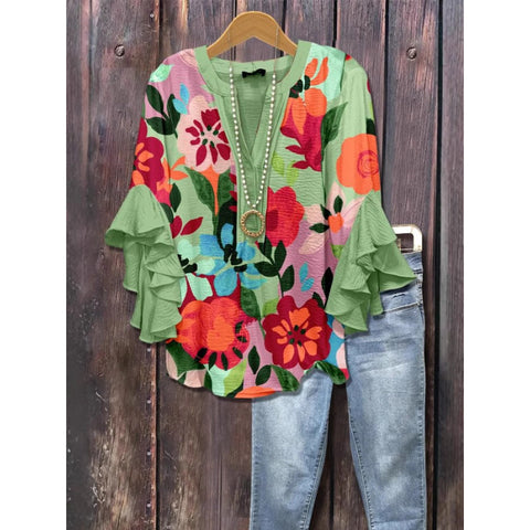 Floral element printing digital printing casual trend V-neck lotus edge T-shirt women's upper m302746