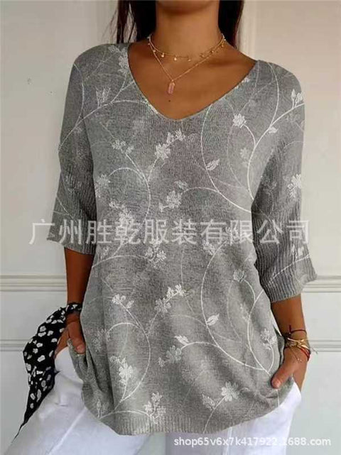 V-neck 3D printed geometric pattern five-quarter sleeve T-shirt top m302777