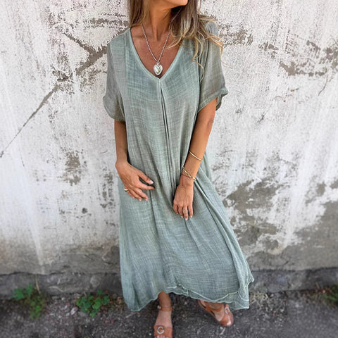 Fashion cotton and linen V-neck semi-formal dress m301062