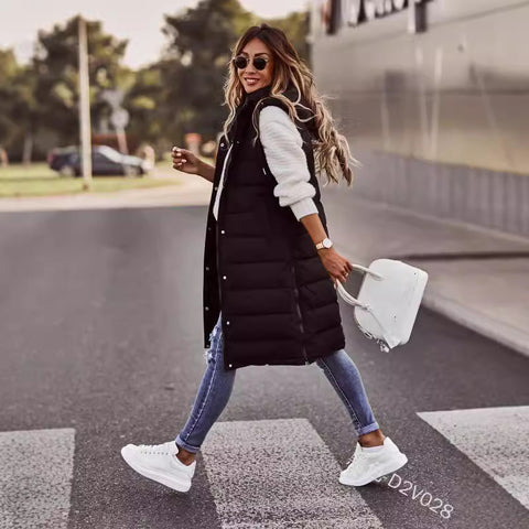 Solid color hooded single-breasted medium and long cotton jacket vest jacket top m300568