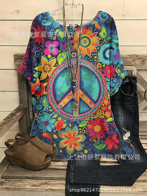 Loose round neck short-sleeved cotton and linen top women's m301281