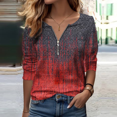 Fashion contrasting printed zipper neckline long-sleeved top m301613