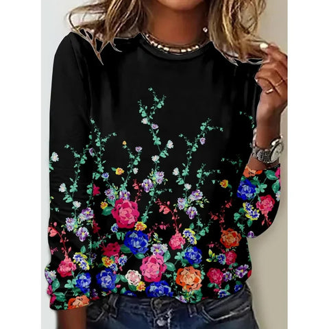 Long Sleeve T-Shirt Women's Solid Color Flower m300934