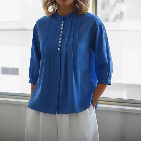 Women's cotton shirt solid color casual button-down pleated shirt m302690