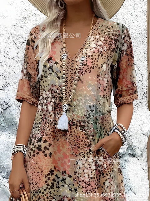 European and American new printed summer V-neck casual vacation pocket dress m301600