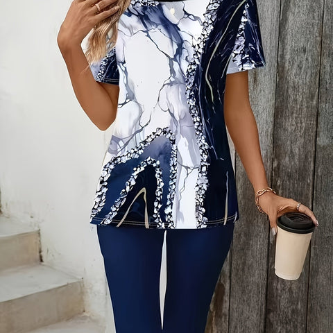 Women's Fashion Marble Print Crew Neck Short Sleeve T-Shirt & Leggings Set m302817