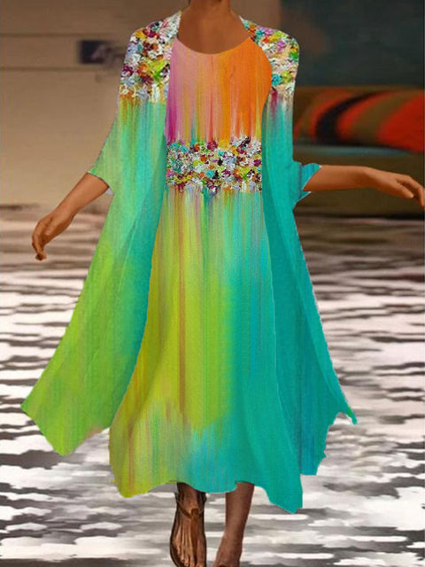 New women's long dress two-piece set flower and grass print crew neck dress m301251