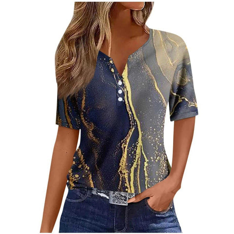 V-neck three-button 3D printed short-sleeved women's top m300617