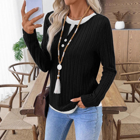 Fake two-piece crew neck button pullover polished long-sleeved T-shirt m302169
