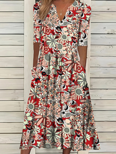 Printed V-neck elegant five-quarter sleeve dress m301208