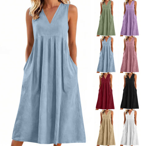 Solid color pullover V-neck sleeveless cotton loose dress m302773