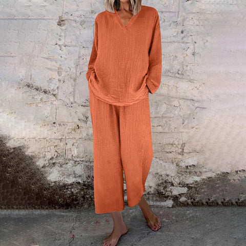 Casual V-neck pullover long sleeve plus pocket trousers cotton multi-color women's suit m301441