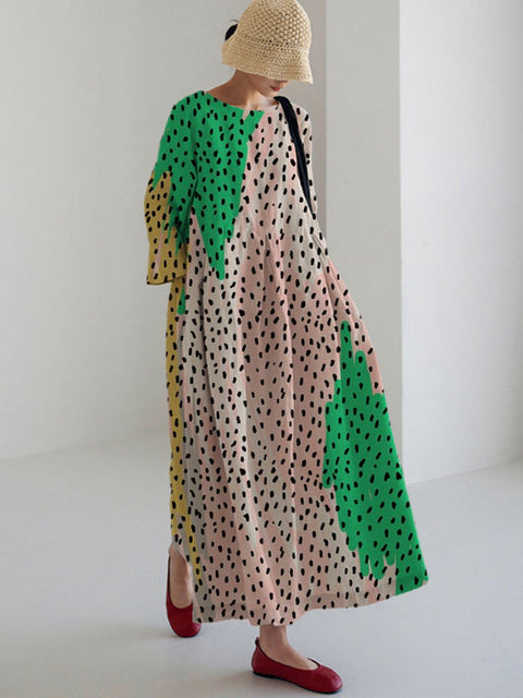 Loose Crew Neck Fashion Premium Long Sleeve Printed Dress m301044