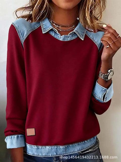 Denim collar long sleeves pullover spliced knitted sweater top m302161