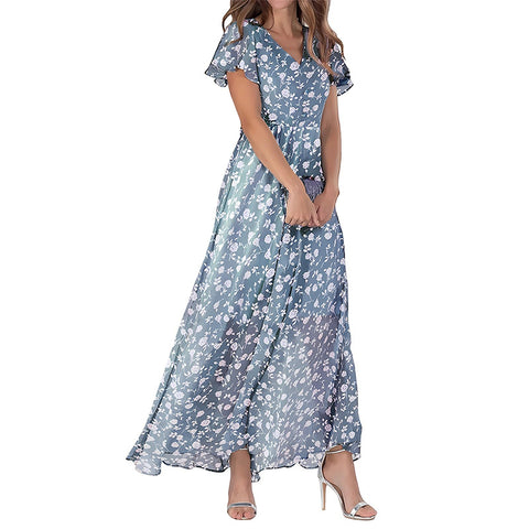 Big pendulum long dress V-neck short-sleeved printed chiffon dress m301544