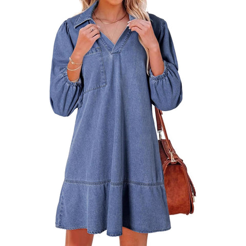 Women's casual doll V-neck seven-point bubble sleeve denim m302207