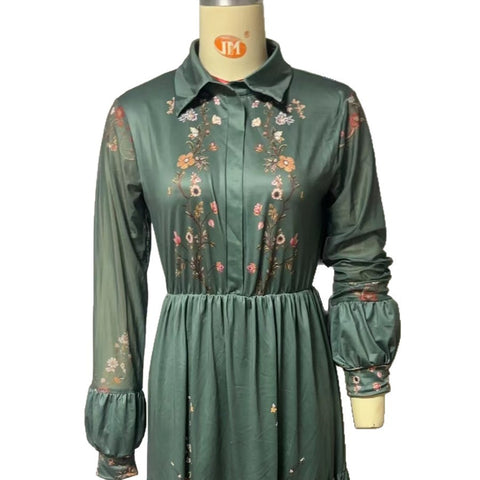 Long Sleeve Printed Long Dress Shirt Collar Dress Long Dress m301982