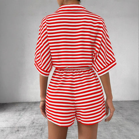 Striped lapel cardigan button medium sleeve belt shorts set onesie women's m301031