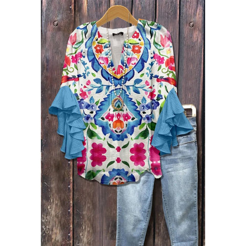 Floral element printing digital printing casual trend V-neck lotus edge T-shirt women's upper m302746