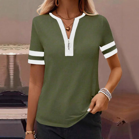Solid color spliced zipper top fashion casual T-shirt women's m301770