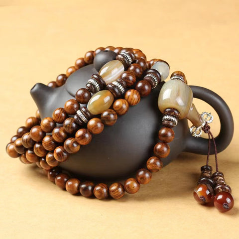 Natural Vietnamese Huanghuali 108 Buddha Beads Bracelet, Rosewood Lotus Bracelet, Wenwan Fragrant Wooden Bracelet m3331302