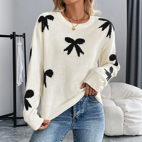 Crew neck bow jacquard autumn and winter sweater women's m300804