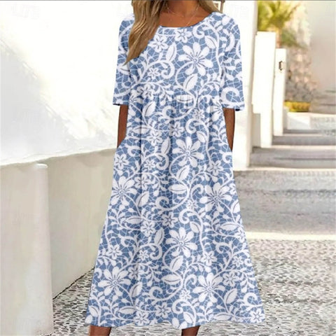 Ladies Casual Crew Neck Pullover Short Sleeve 3D Printing Pleated Waist Swing Long Dress Dress m301299