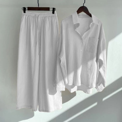 Cotton and linen shirt set high waist loose trousers m301983