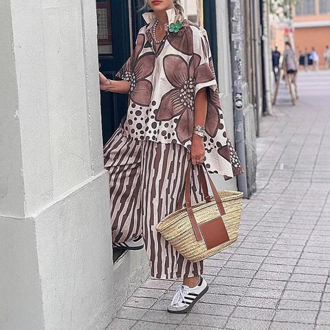 Women's lapel loose geometric printing casual suit m301238