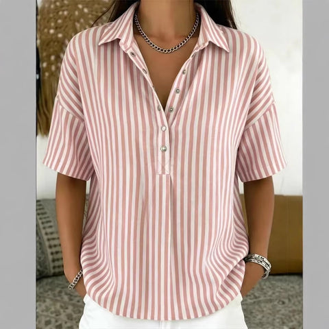 Women's fashion casual striped short-sleeved shirt lapel m302741