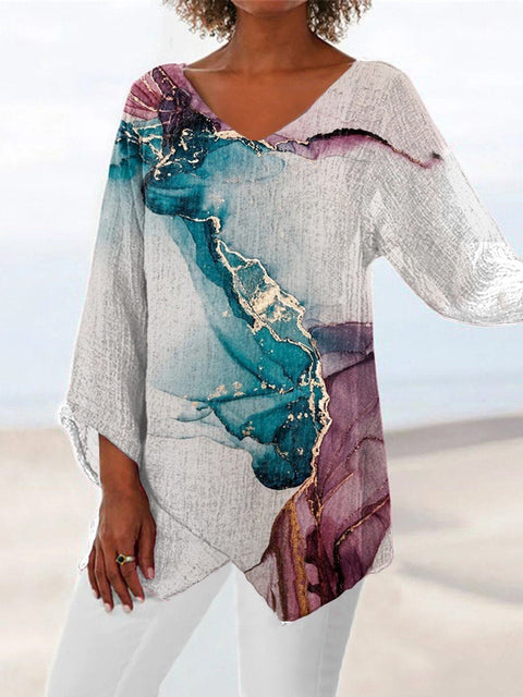 Women's printed animal natural scenery V-neck nine-quarter sleeve loose T-shirt m301289