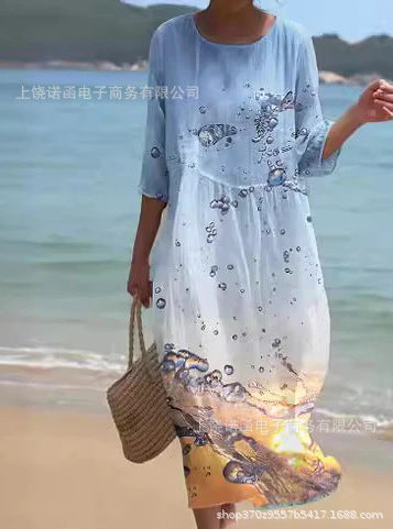 Loose crew neck fashion high-end long-sleeved printed dress m301053