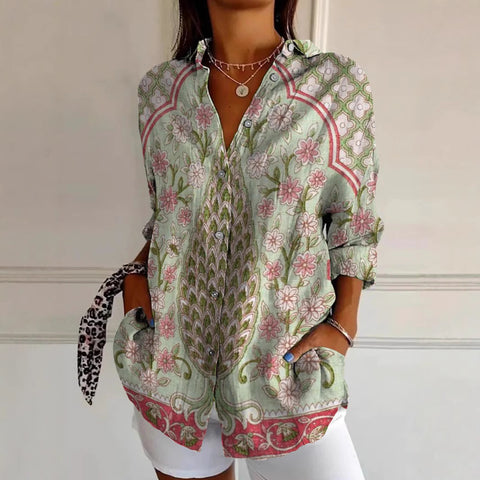 3D digital printing abstract pattern women's long-sleeved buckle linen shirt m301277