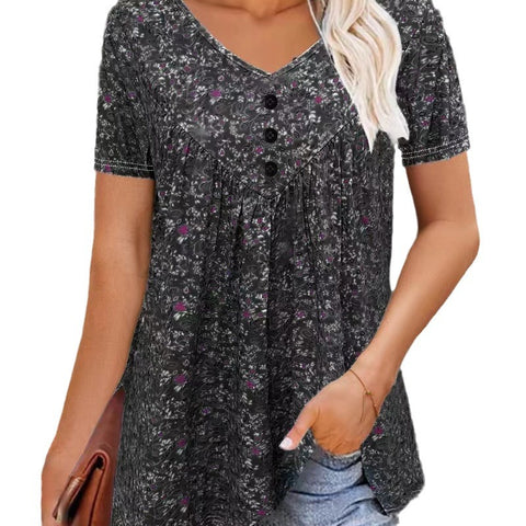 Floral v-neck short-sleeved casual button top m301454