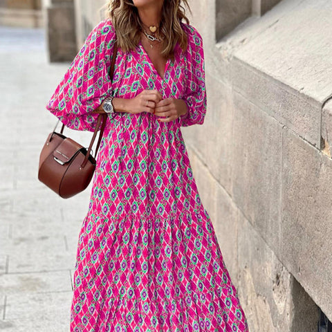 Geometric print bubble sleeve dress street fried street skirt m300902