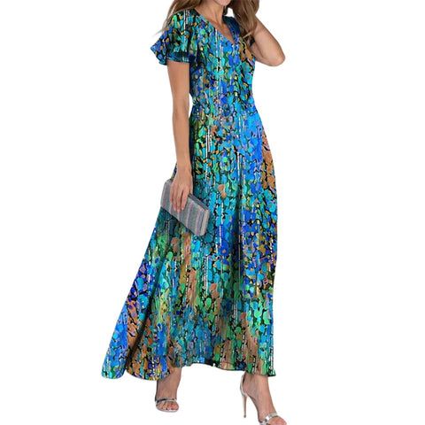 Big pendulum long dress V-neck short-sleeved printed chiffon dress m301544